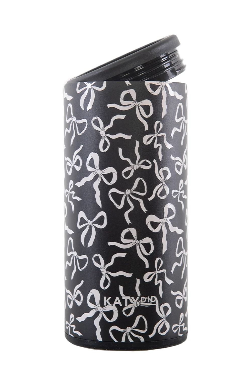 A black insulated tumbler with a white bow pattern and a black lid, shown on a plain white background. The brand name 'KATYDID' is printed near the bottom.