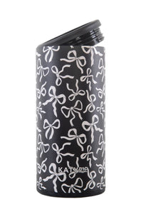 A black insulated tumbler with a white bow pattern and a black lid, shown on a plain white background. The brand name 'KATYDID' is printed near the bottom.