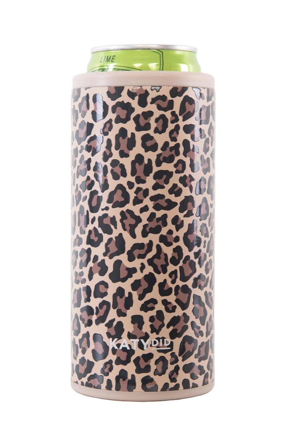 A slim can cooler sleeve with a brown and black leopard print pattern on a beige background, shown holding a green can on a white background.