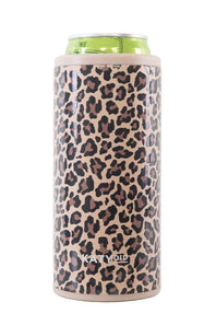 A slim can cooler sleeve with a brown and black leopard print pattern on a beige background, shown holding a green can on a white background.