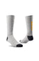 A pair of light gray ribbed crew socks with black toe and heel accents, featuring the brand name 'Ariat' printed vertically in yellow on the side of one sock, set against a plain white background.
