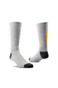 A pair of light gray ribbed crew socks with black toe and heel accents, featuring the brand name 'Ariat' printed vertically in yellow on the side of one sock, set against a plain white background.