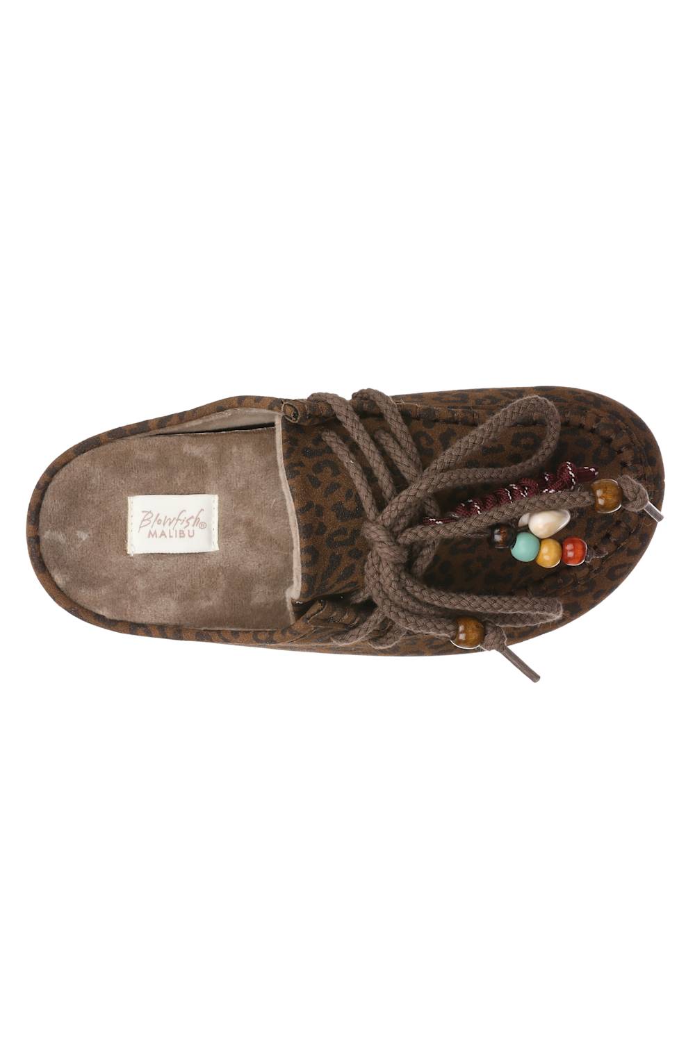 A brown and black leopard print slip-on mule shoe with thick braided brown laces and a decorative red and gold bead tassel, shown against a plain white background.