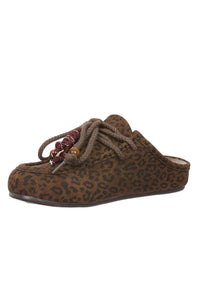A brown and black leopard print slip-on mule shoe with thick braided brown laces and a decorative red and gold bead tassel, shown against a plain white background.