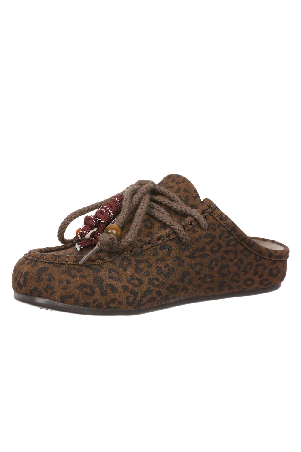 A brown and black leopard print slip-on mule shoe with thick braided brown laces and a decorative red and gold bead tassel, shown against a plain white background.