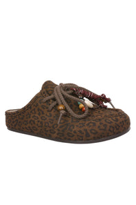 A brown and black leopard print slip-on mule shoe with knotted brown laces and decorative beads on the tongue, shown against a plain white background.