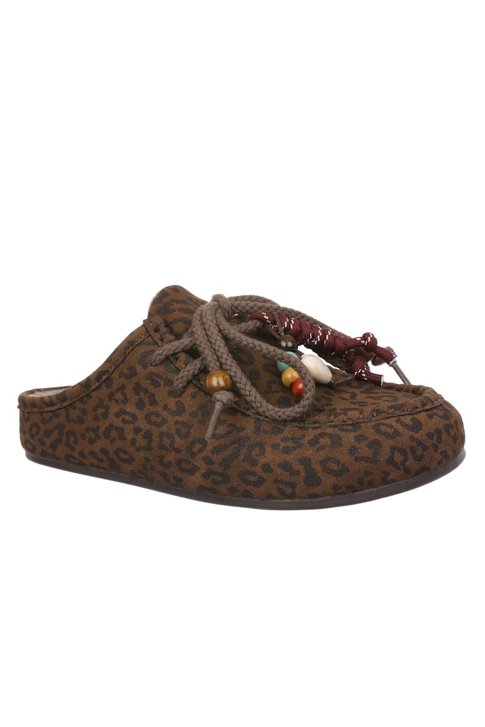 A brown and black leopard print slip-on mule shoe with knotted brown laces and decorative beads on the tongue, shown against a plain white background.