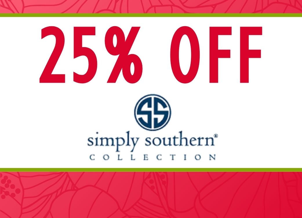 Red and white colored graphic with a large 25% off callout and the Simply Southern brand logo