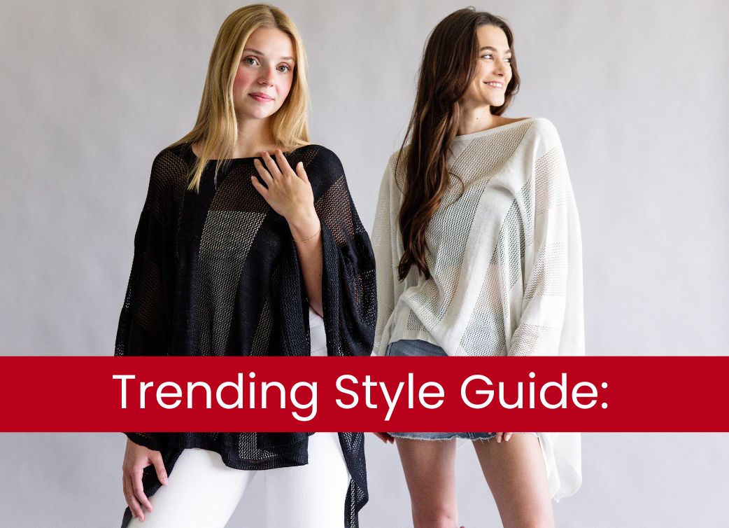 Two models wear lightweight knit ponchos in black and cream against a neutral backdrop. A red banner across the bottom reads, "Trending Style Guide:".