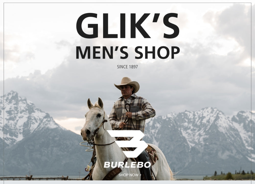 Glik’s Men’s Shop promotional banner featuring a cowboy riding a white horse against a mountain backdrop, with Burlebo branding logo and a Shop Now call to action