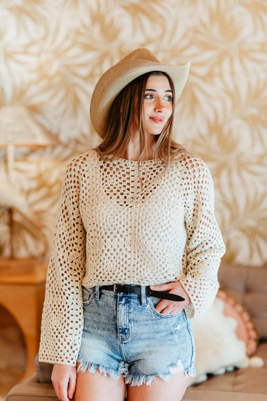 Crochet Long Sleeve Top for Women in Ivory