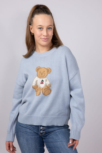 Bear Cherry Crewneck Sweater for Women in Light Blue