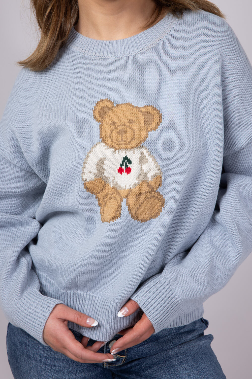 Bear Cherry Crewneck Sweater for Women in Light Blue | IWT5160-1