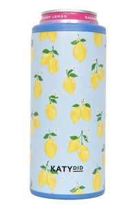 A light blue can cooler with a repeating yellow lemon pattern, featuring a pink top rim and the brand name 'KATYDID' printed in black near the bottom.