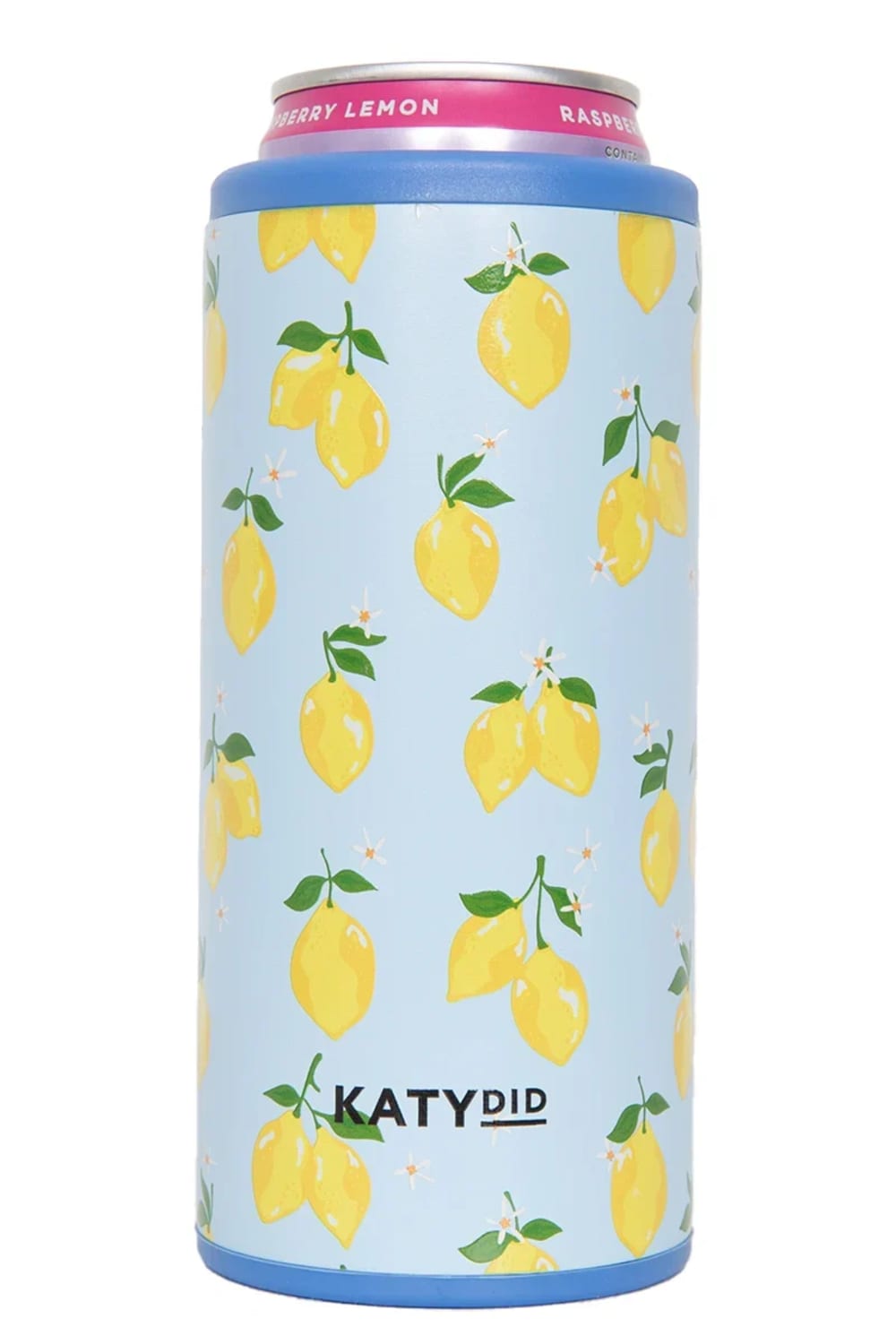 A light blue can cooler with a repeating yellow lemon pattern, featuring a pink top rim and the brand name 'KATYDID' printed in black near the bottom.