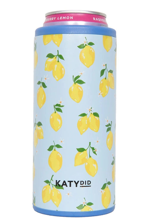 A light blue can cooler with a repeating yellow lemon pattern, featuring a pink top rim and the brand name 'KATYDID' printed in black near the bottom.