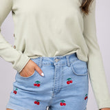 Love Tree Cherry Embroidered Denim Shorts for Women