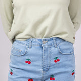 Love Tree Cherry Embroidered Denim Shorts for Women