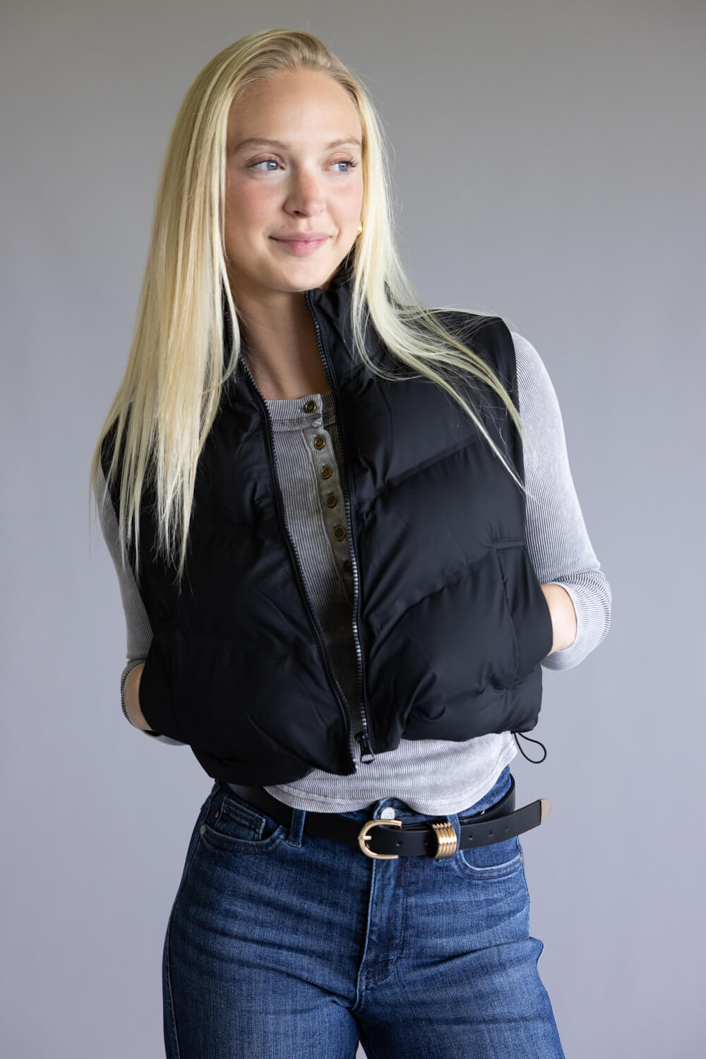 Love Tree Cropped Puffer Vest for Women in Black