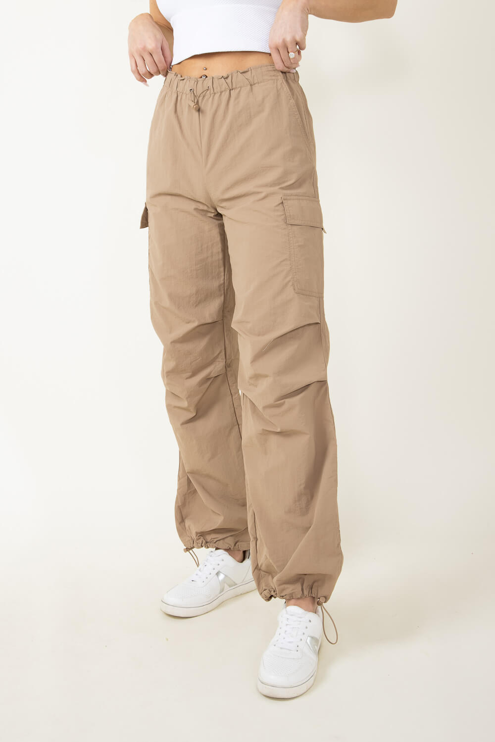 Love Tree Nylon Cargo Baggy Parachute Pants for Women in Khaki