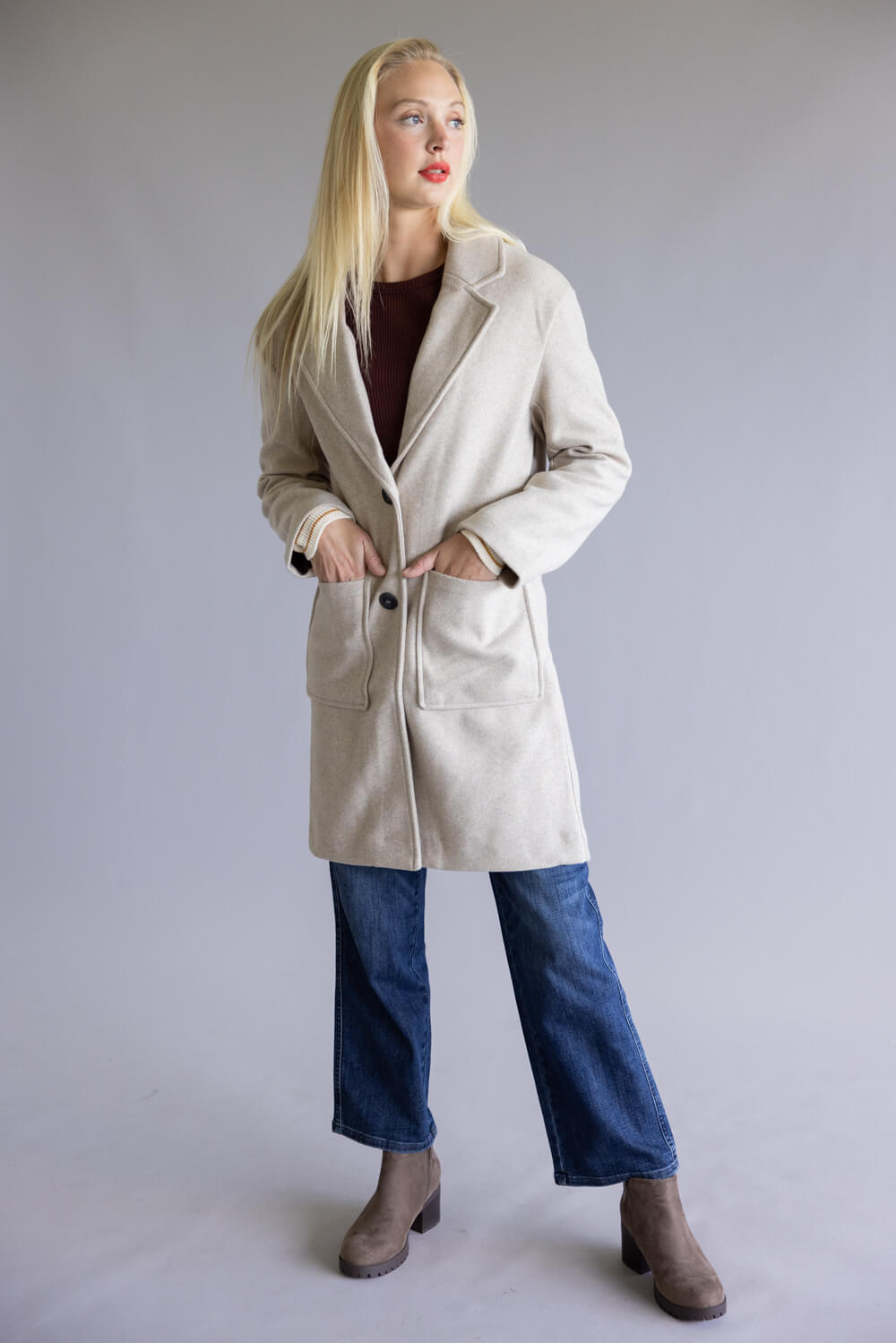 Love Tree Patch Pocket Long Coat for Women in Oatmeal | 80340JN