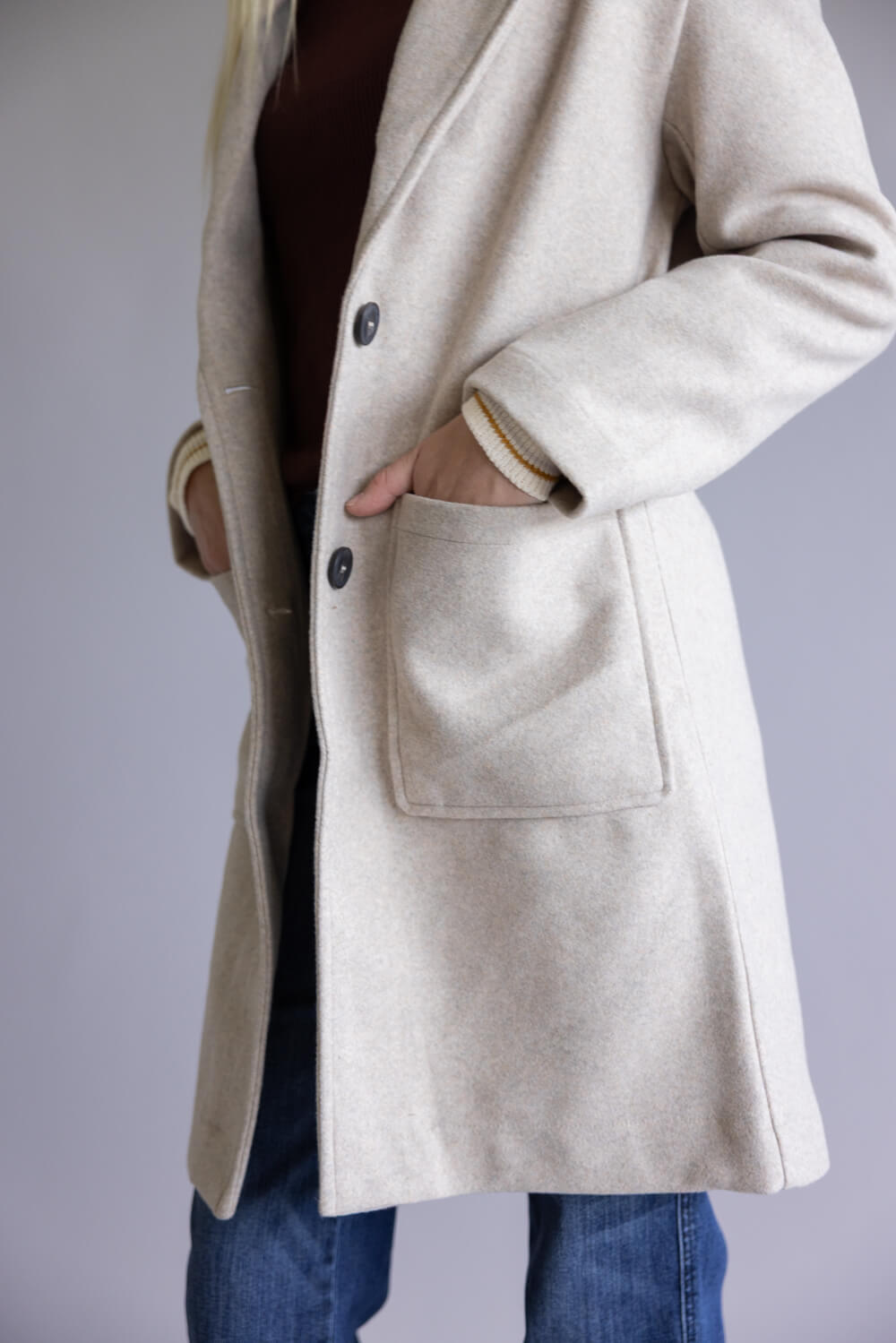 Love Tree Patch Pocket Long Coat for Women in Oatmeal