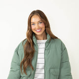 Love Tree Waist Length Puffer Jacket for Women in Green 