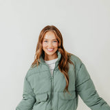 Love Tree Waist Length Puffer Jacket for Women in Green 