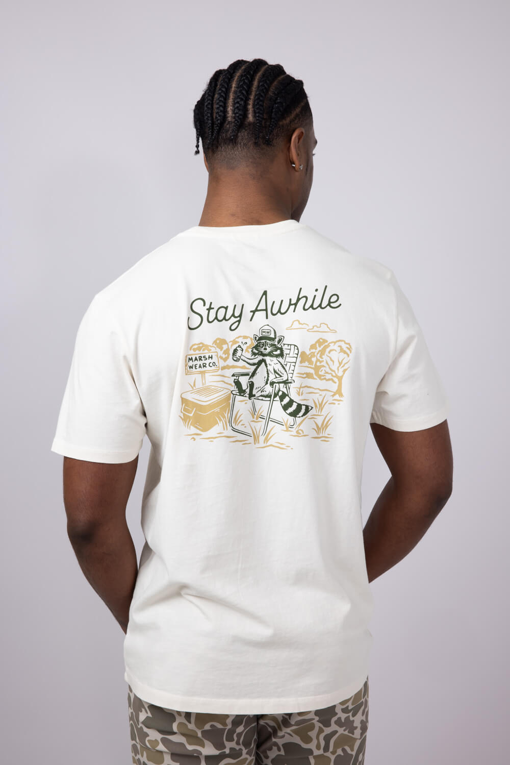 Marsh Wear Stay Awhile Raccoon T-Shirt for Men in White