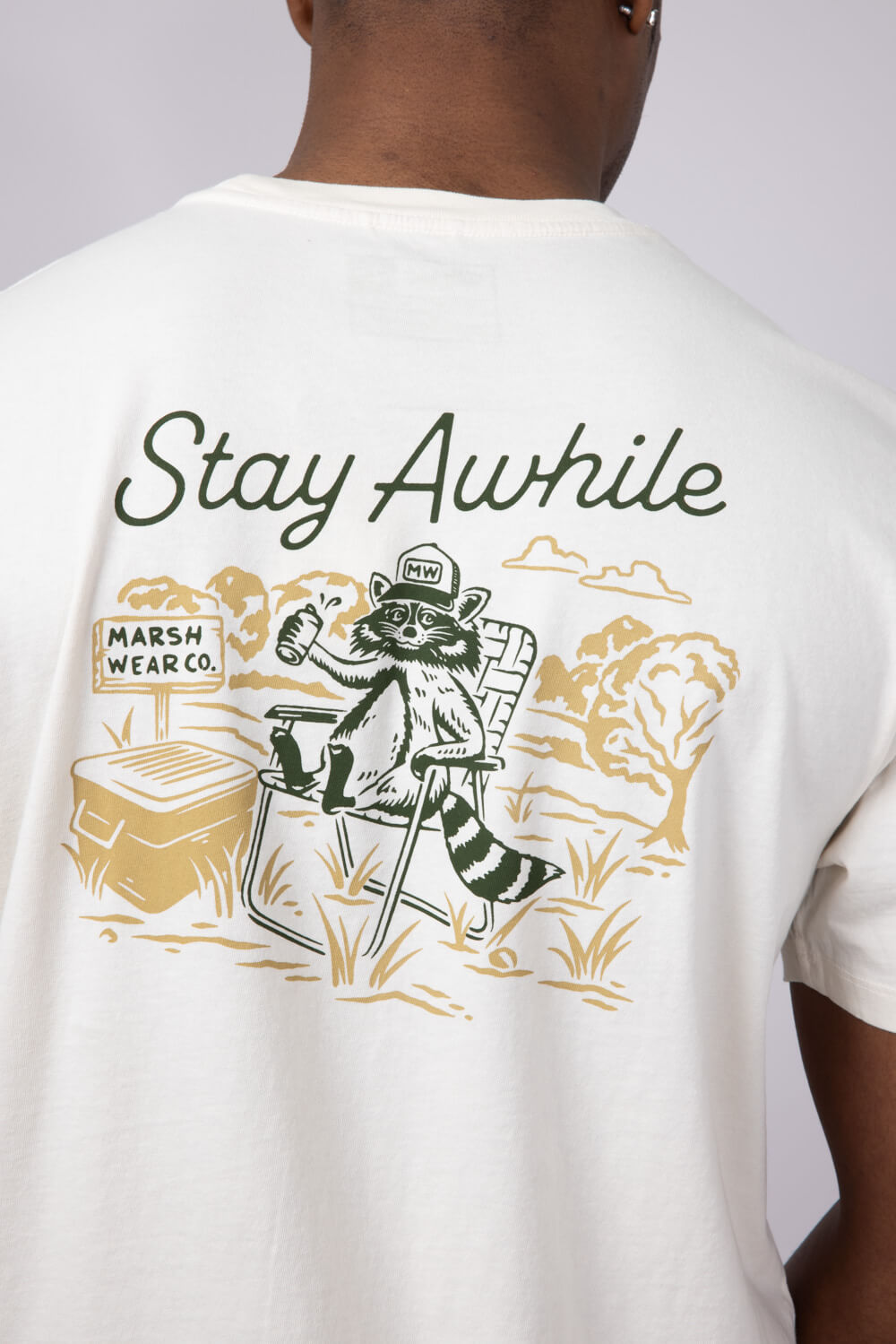 Marsh Wear Stay Awhile Raccoon T-Shirt for Men in White