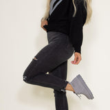 Mica High Rise Distressed Ankle Skinny Crop Jeans for Women in Black