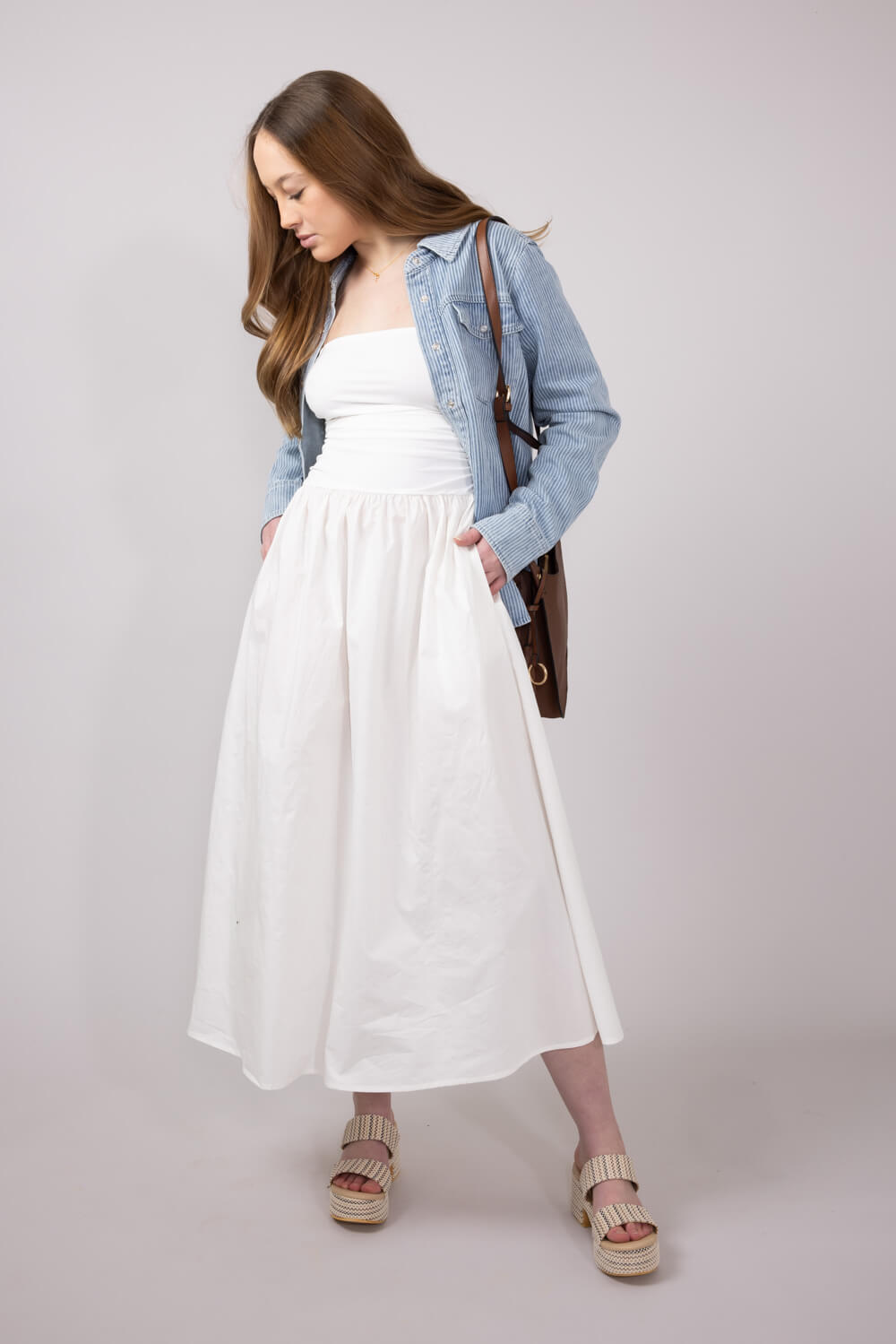 Ribbon Strap Ruched Midi Flared Dress for Women in Ivory