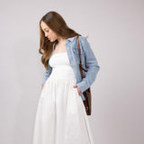 Ribbon Strap Ruched Midi Flared Dress for Women in Ivory