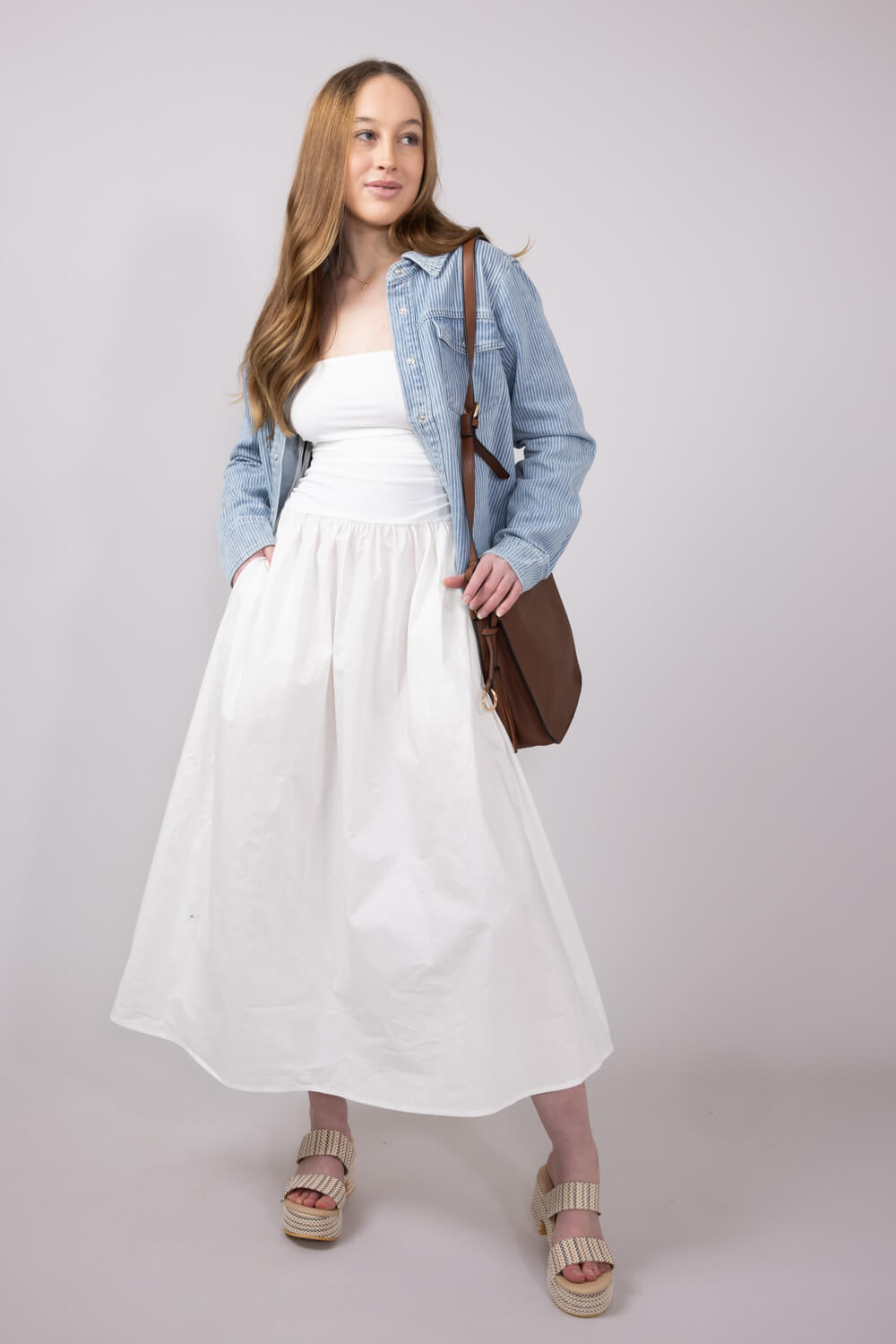 Ribbon Strap Ruched Midi Flared Dress for Women in Ivory