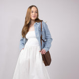 Ribbon Strap Ruched Midi Flared Dress for Women in Ivory