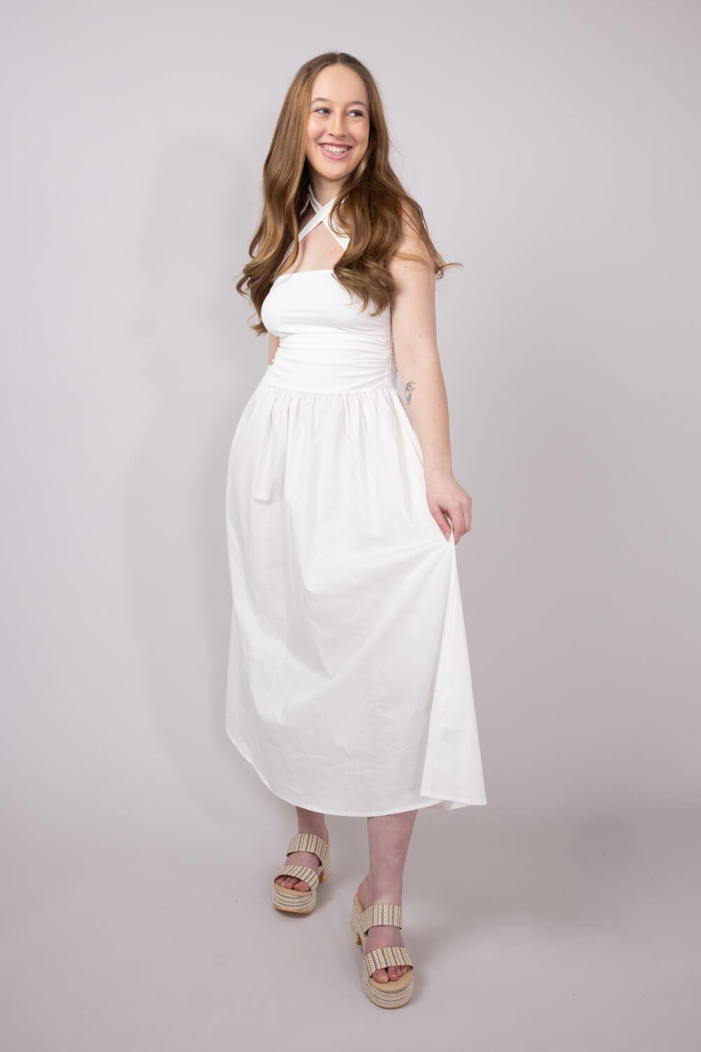 Ribbon Strap Ruched Midi Flared Dress for Women in Ivory