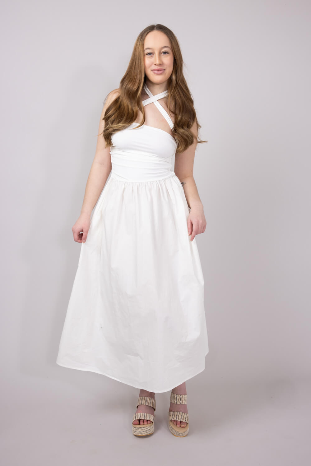 Ribbon Strap Ruched Midi Flared Dress for Women in Ivory