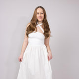 Ribbon Strap Ruched Midi Flared Dress for Women in Ivory