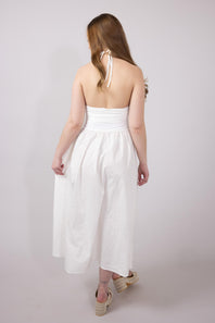 Ribbon Strap Ruched Midi Flared Dress for Women in Ivory