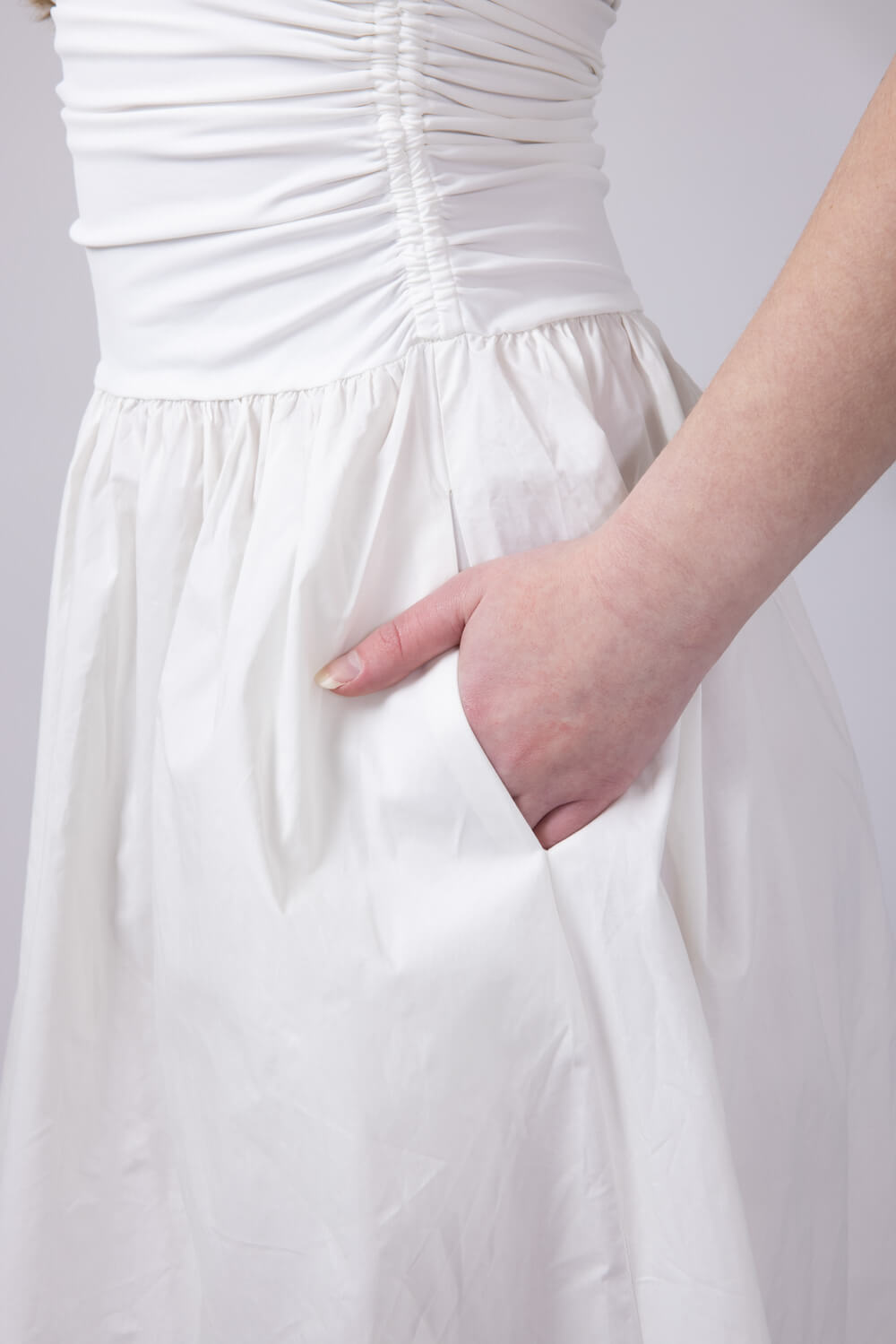 Ribbon Strap Ruched Midi Flared Dress for Women in Ivory