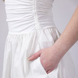Ribbon Strap Ruched Midi Flared Dress for Women in Ivory