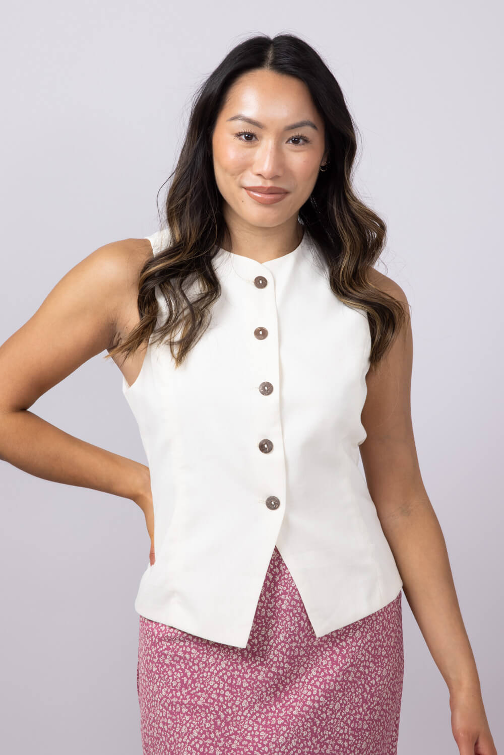 High Neck Button Up Vest for Women in Natural