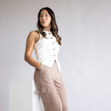 High Neck Button Up Vest for Women in Natural