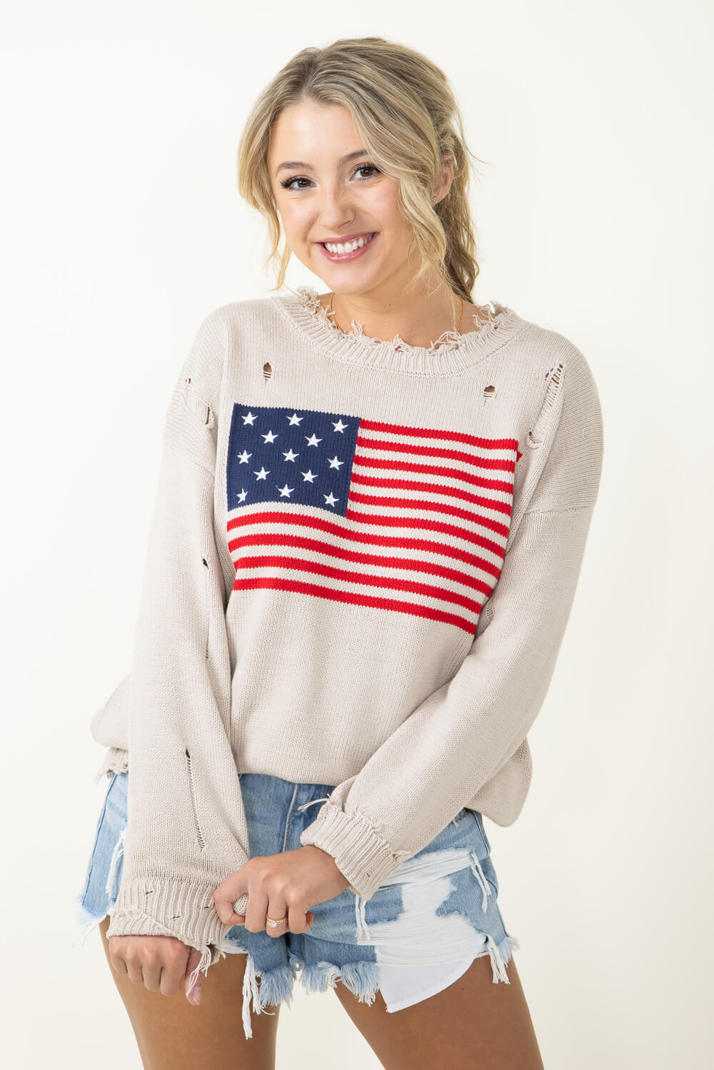 Miracle American Flag Distressed Sweater for Women in Beige