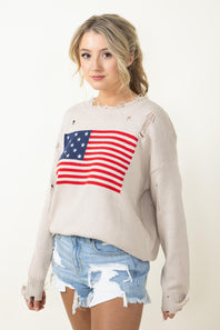 Miracle American Flag Distressed Sweater for Women in Beige
