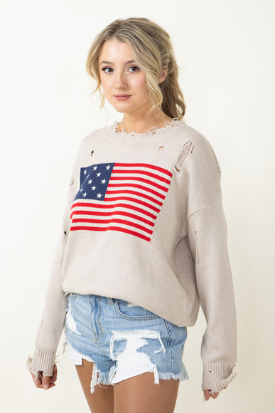 Miracle American Flag Distressed Sweater for Women in Beige