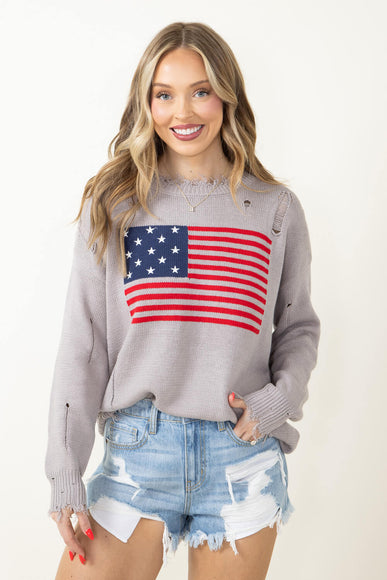 Miracle American Flag Distressed Sweater for Women in Grey