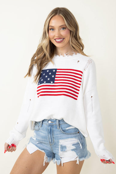 Miracle American Flag Distressed Sweater for Women in Ivory 
