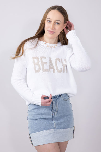Beach Crewneck Sweater for Women in White Beige