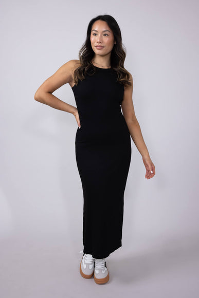 Ribbed Knit Side Slit Dress for Women in Black